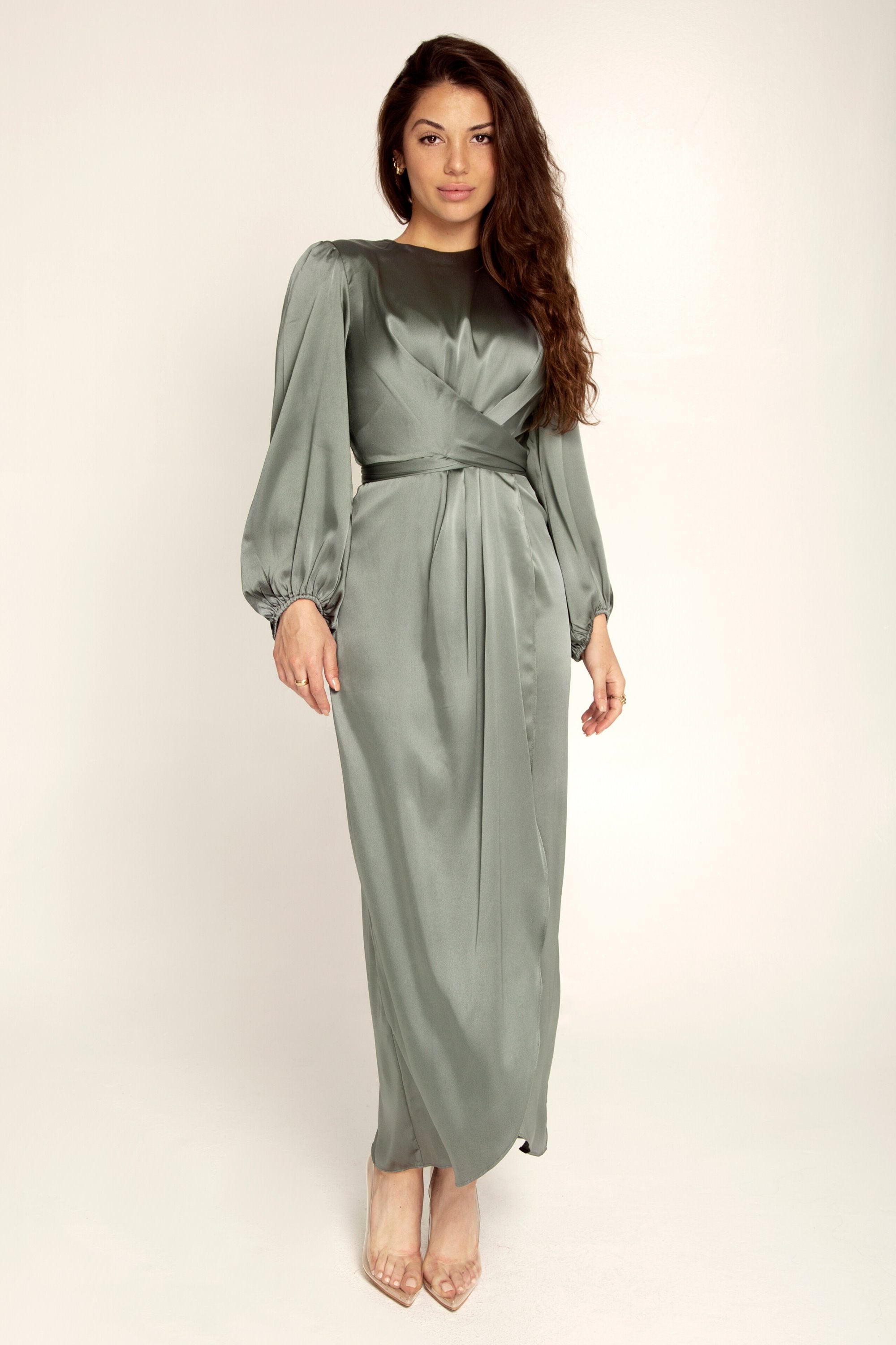 Julianna Satin Wrap Waist Maxi Dress - Teal